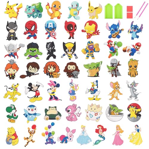 KOJEFCV 48 Pcs Cartoon Diamond Art Painting Sticker Kits for Kids-Cartoon Diamond Gem Stickers Kit,5D Gem Art Stickers Mosaic for Kids Gift for Boys Girls 4-8-10-12 Years Old