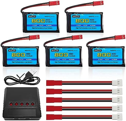 AMZZN 5PCS 3.7V 800mAh 30C Lipo Battery with 5-in-1 Charger JST Plug for SYMA X56W MJX X400W X300C X800 HS110 HS200 S670 V950hd S1750 V2450 RC Drone Four Axis Aircraft (5PCS Battery+5-in-1 Charger)