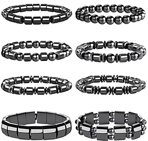 WAINIS 8 Pcs Hematite Bracelet Set for Men Women Stretch Round Bead Stone Bracelet Unisex Jewelry Gift