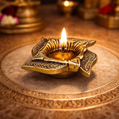 Image of Pure Solid Brass Diya for Pooja (100g) | Small Oil Lamp for Mandir | Antique Gold Floral Diya | Diwali Decoration, Home Temple Decor, Traditional Puja Deepam, Return Gift Item