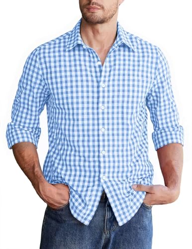 Halfword Camisa a Cuadros Hombre Manga Larga Informal Algodón Popelín Botones Trabajo Azul L
