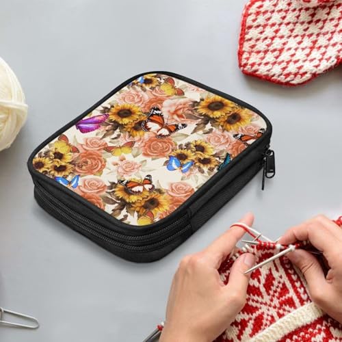 Image of Crochet Hook Case Sunflower Print Crochet Hook Holder Portable Crochet Hook Storage Bag with Web Pockets Suitable for Crochet Needles /Knitting Accessories