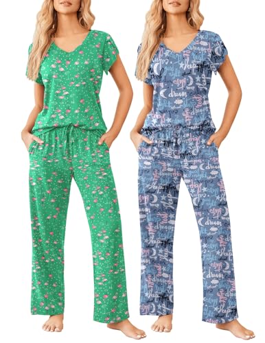 Image of Ekouaer 2 Pack Womens Pajamas Short Sleeve Sleepwear Top with Pants Super-Soft Printed Lounge Sets S-XXL