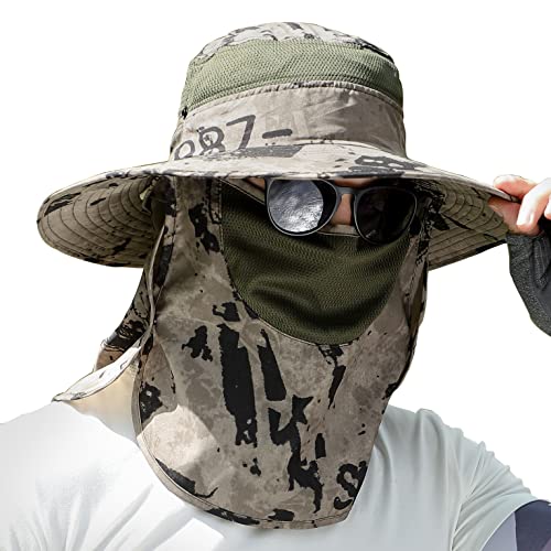 Image of UPF 50+ Sun Fishing Hat for Men Women Wide Brim Hat with Detachable Face Cover & Neck Flap