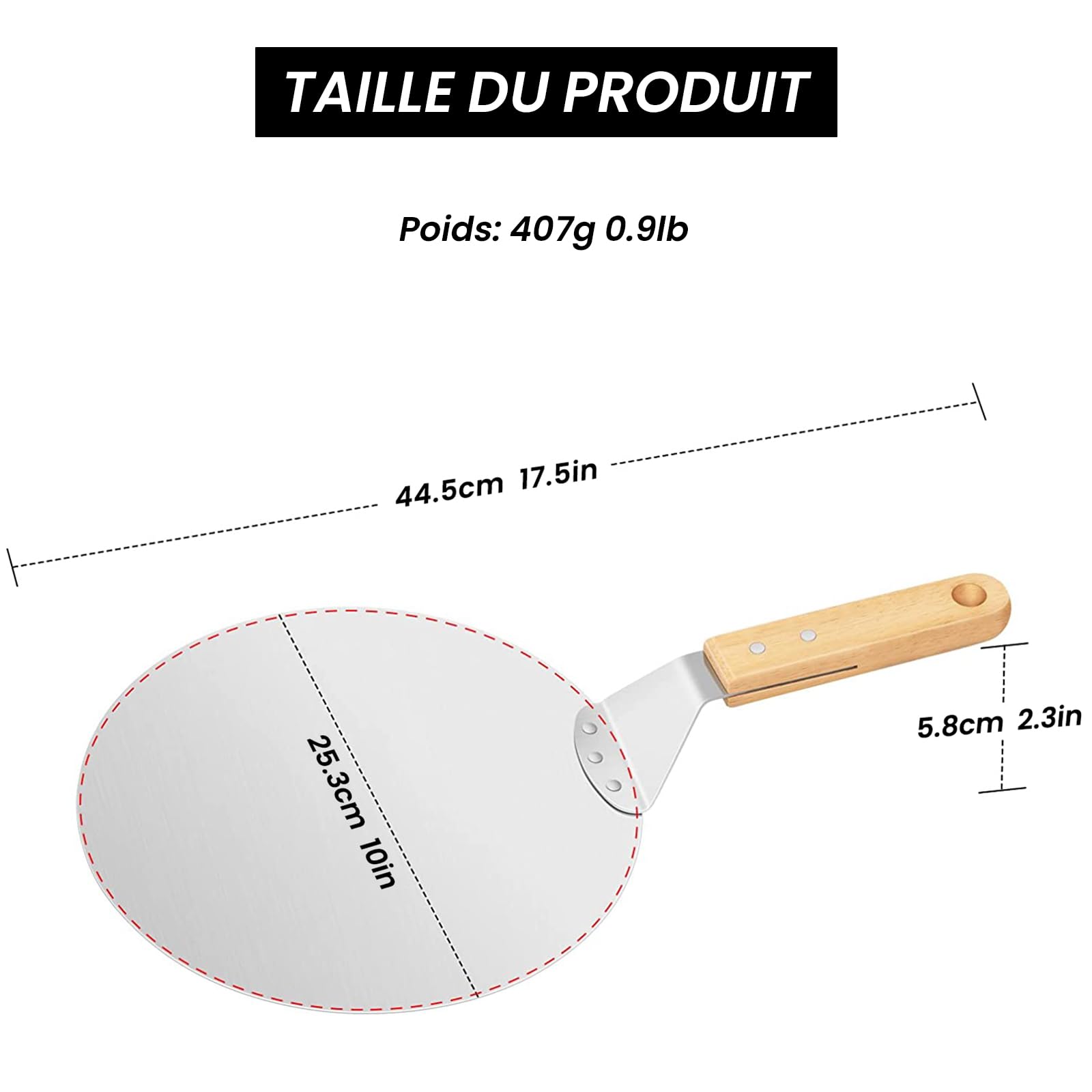 Pelle à Pizza VEVOK CHEF - Aluminium Anodisé - Manche Bois 22cm - Ø25.5cm - Pour Four Et Grill