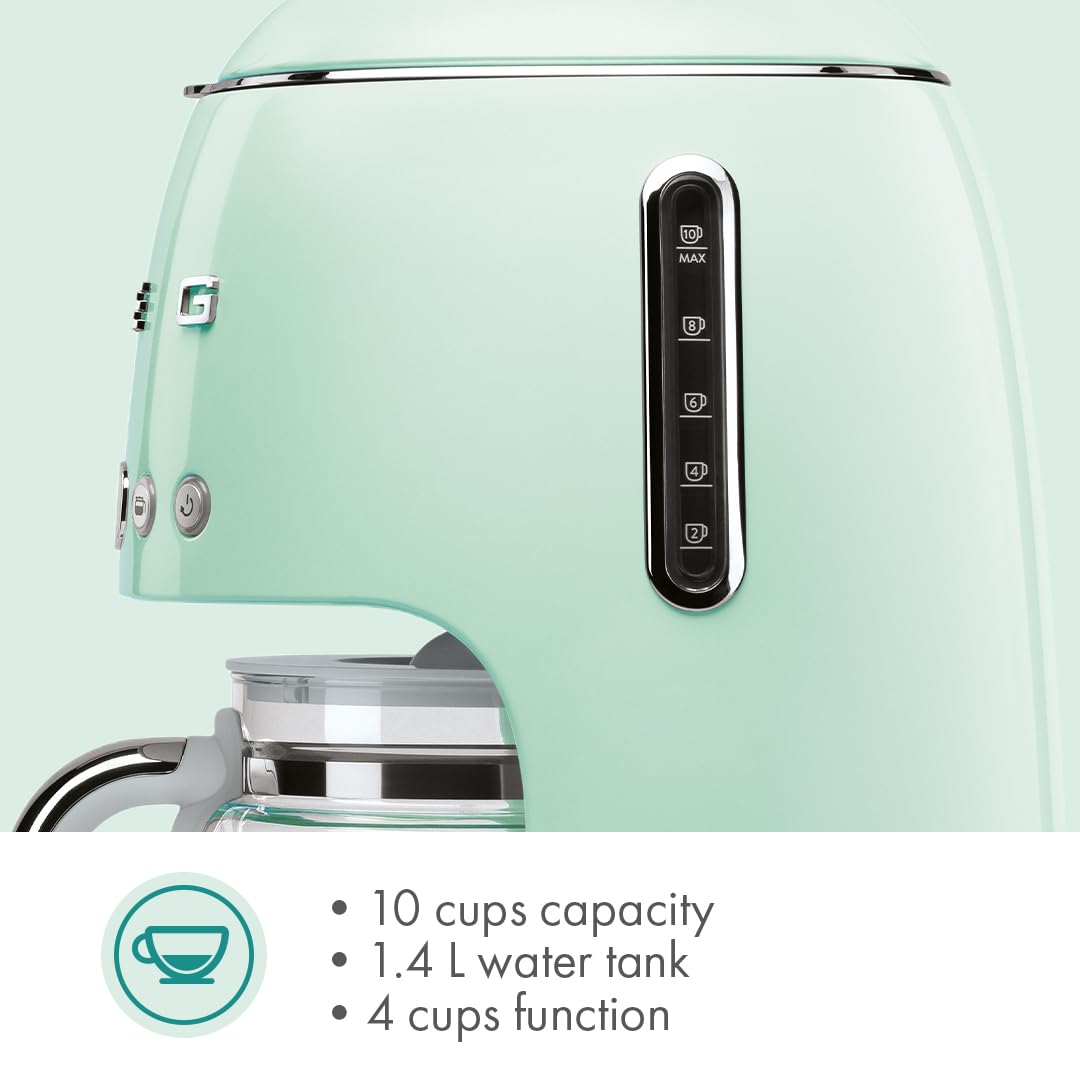 Smeg 50's Retro Style Aesthetic Drip Coffee Machine with 10 Cup Glass Carafe, Auto Start Feature, Keep Warm Plate, and Two Coffee Strength Settings (Cream): 10 Cup Pastel Green