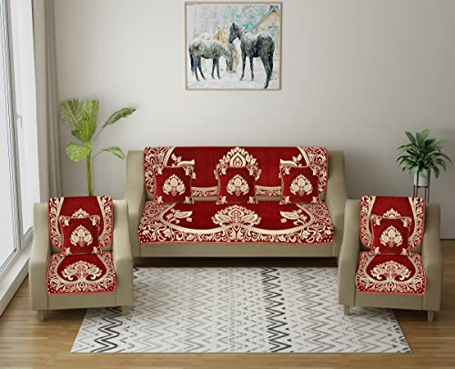 Image of Velvet Sofa Cover with Cushion Covers Set of 5 Seater - Premium Sofa Covers 3 Seater and 2 Seater Full Cover Set for Couch Seat - Heavy Fabric Sofa Slip Back Protector, 2701 Maroon