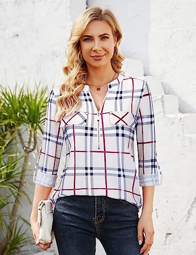 Image of Bulotus 3 /4 Length Sleeve Womens Striped Tops Zipper V Neck Collared Blouses Business Casual Tunics 2026 Spring Trendy