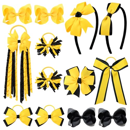DEEKA Black & Yellow School Hair Accessories Set 13 Pcs Uniform Hair Bow Headband Clips Hair Ties Curly Korker Bows for Little Toddler School Girls (Yellow&Black)