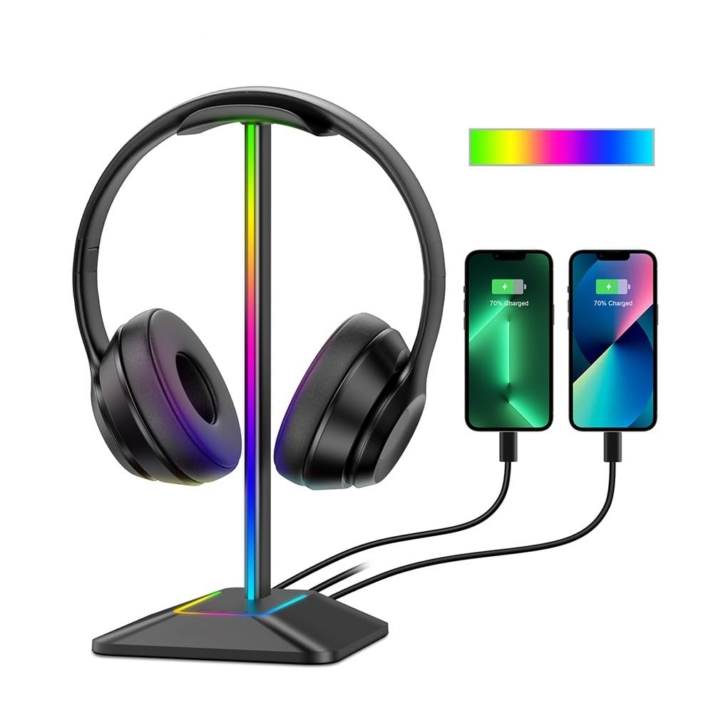Supporto per cuffie RGB con 2 porte USB, da scrivania, per gaming, con base in gomma antiscivolo, per giocatori (argento)