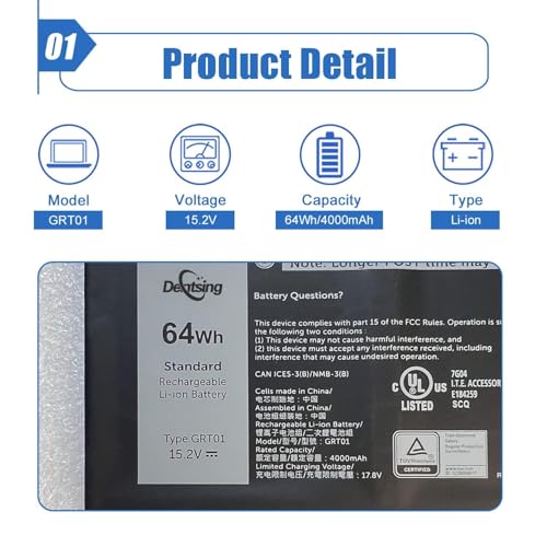 Image of GRT01 64Wh Laptop Battery Replacement for Dell Latitude 14 5421 5431 15 5521 5531 Precision 3470 3561 3571 Alienware m17 R5 AMD Series R05P0 00P3TJ 0P3TJ VXD57 05RGW 15.2V 4-Cell