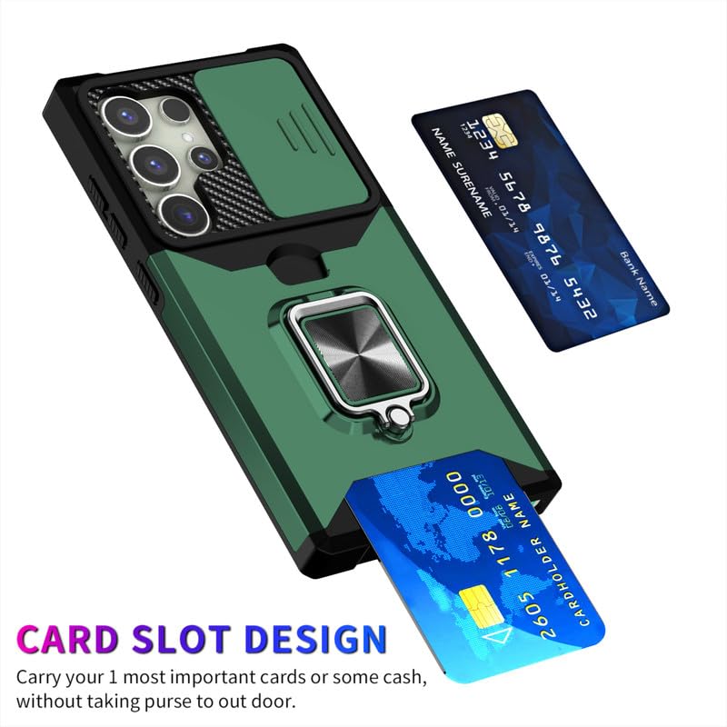 Image of LuxuryKase Shockproof Armor Case for Samsung Galaxy S24 Ultra | Slide Camera Cover | Hidden Card Slot | Rotating Ring Kickstand | Magnetic Car Mount Support | Military Grade Protection - Green