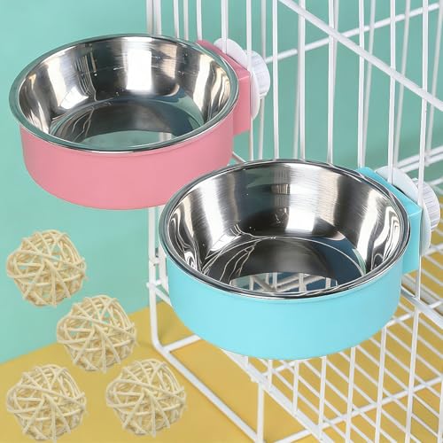 KAGEYMB 2PCS Cuenco Colgante para Jaula, Comedero Colgante Perro y Conejo con 4 Bolas de Mimbre, CuencoColgante 2 en 1 Extraíble de Acero Inoxidable para Hámster, Cobaya, Chinchilla y Animal Pequeño