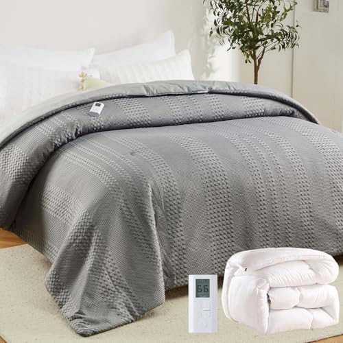 GarveeHome Queen Heated Comforter Electric Blanket 90*90 Waffle Weave Heating Blanket with Wireless LCD Controller 6 Heat Levels & 2-10H Time Settings UL Certified Grey