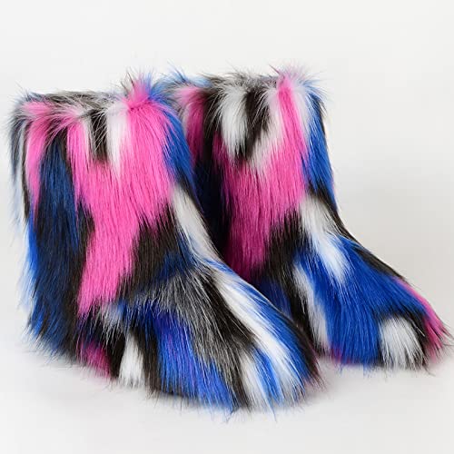 GUOHAPPY Woman Snow Boots - Winter Women's Luxury Faux Fox Fur Outdoor Boots Ladies Warm House Shoes Female Fluffy Furry Snow Bootsï¼Œ Fashion Warm Set Boots, Round Toe Suede Winter Flat Shoes,23,E