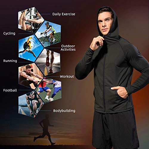 Sillictor Gym Hoodies for Men with Hand Pockets UPF 50+ Zip Up Long Sleeve Running Top Mens Sports Jakcets for Training Workout Cycling Casual Breathable Lightweight Quick Dry 9002 Black L - Image 6