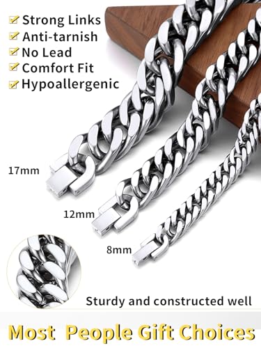 ChainsHouse Stainless Steel Cuban Link Bracelet, 8mm/12mm/17mm Width, 7.5"/8.3"/9", 18K Gold Plated Chain Wrist Bracelets for Men Women, Send Gift Box4