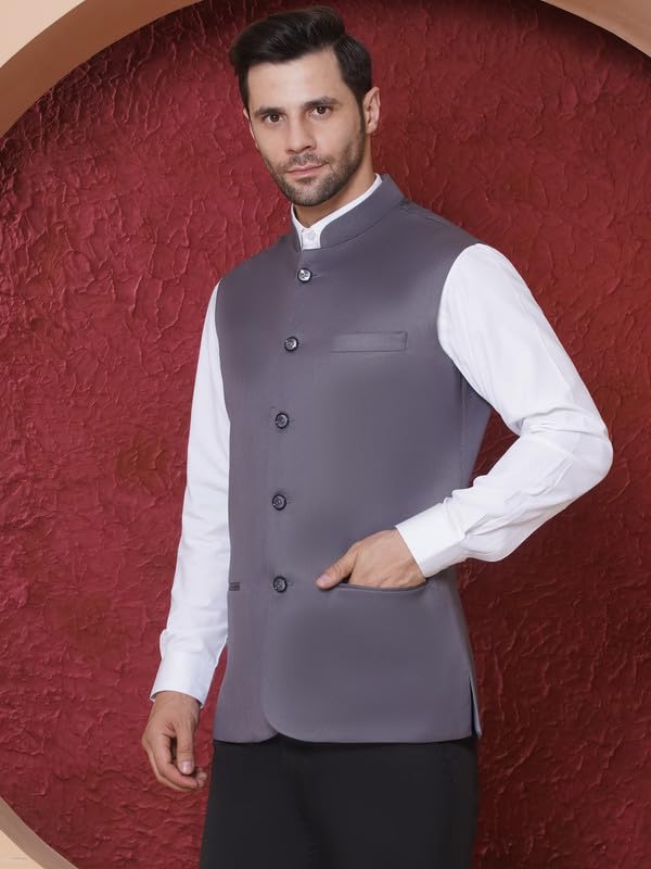 FAVOROSKI Gilet formale etnico da uomo, vestibilità regolare, cappotto formale Nehru con colletto alla coreana, giacca senza maniche con tasche, gilet etnico tradizionale per matrimoni e feste