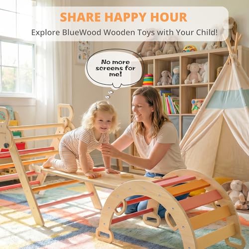Image of BlueWood Pikler Triangle Set, Toddler Wooden Climbing Toys Indoor 7in1 Foldable Climber for Kids, Montessori Philosophy Play Jungle Gym with Arch, Ramp, Ladder (Farm Charm Autumn)