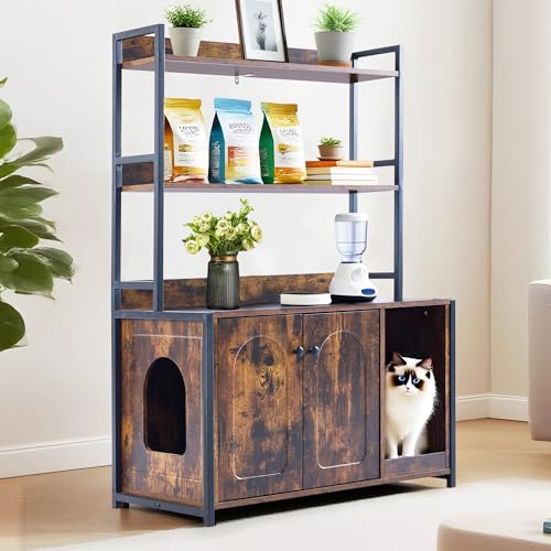Large Litter Box Enclosure with Shelves, 52'' Hidden Cat Kitty Litter Furniture Cats Bookshelf for Living Room, Bedroom, Cat Box Enclosure Cabinet with Scratch Pad Brown
