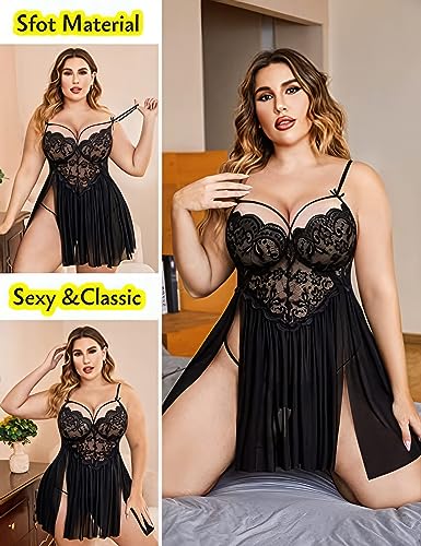 Image of Plus Size Lingerie Lace Babydoll Womens Strap Chemise Nightgown V Neck Nighty Mesh Sleepwear Side Slit Nightdress with G-Sting Panty
