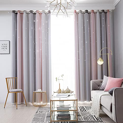 LIKEUDO 2 Stück Sterne Vorhang Verdunkelungsvorhänge Bunte Doppelschicht für Kinder Schlafzimmer Mädchen Kinderzimmer Sterne Vorhänge Doppelschicht Wohnzimmer Blickdicht Vorhänge 134 x 240 cm