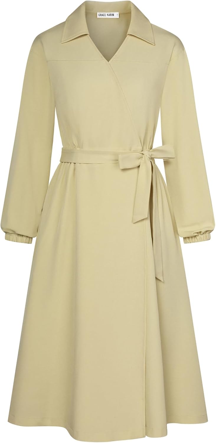 GRACE KARIN Womens Long Sleeve Wrap Dress Lapel V Neck Shirt Dress Casual A Line Midi Dress with Pockets Belt