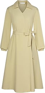GRACE KARIN Womens Long Sleeve Wrap Dress Lapel V Neck Shirt Dress Casual A Line Midi Dress with Pockets Belt