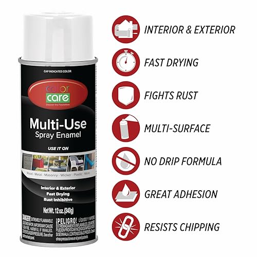 Color Care Spray Paint – 4 pack of 12 oz. cans, Oil Enamel, Rust Resistant, Quick Drying, No Drip Formula for Wood, Metal, Plastic, Masonry, Indoor & Outdoor Use (Gloss White)