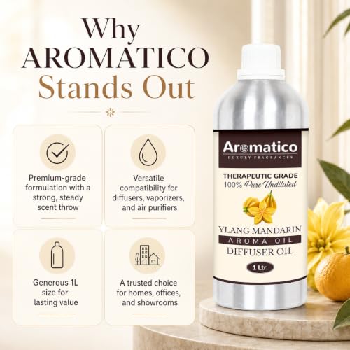 Image of AROMATICO Ylang Mandarin Diffuser Oil with Strong, Long-Lasting Aroma. Premium Aroma Oil for Homes, Offices & Showrooms. For Aromatherapy, Diffusers, Air Purifiers, Vaporizers - 1 L (1000 ml)