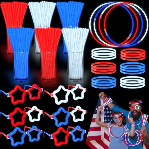 126 PCS 4th of July Glow Sticks Bracelets Necklaces Glasses with Connectors,Glow in The Dark Party Supplies, Light Up Party Favors for Kids Adults, Blue White Red LED Accessories for Independence Day
