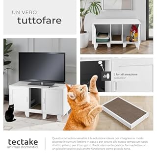 tectake® Mobile lettiera gatto chiusa a due ante, ingresso centrale, tappetino tiragraffi, mobiletto lettiera gatto, armadietto per lettiera gatti, ante magnetiche - 120 x 52 x 65 cm - Bianco