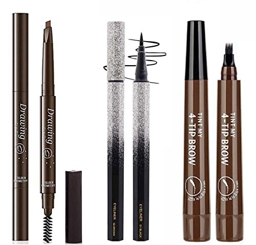 Eyebrow Tattoo Pencil with Eyeliner Pen, Drawing Eyebrow Pencil Eye Makeup Long Lasting Waterproof & Smudgeproof 3 Styles (Dark Brown/ Black/ Dark Brown)