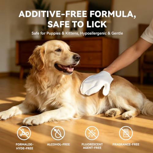 Image of Pet Glove Wipes for Dogs & Cats, Hypoallergenic No Rinse Cleaning Grooming Gloves, Extra Thick Coconut Oil Infused Fur Nourishing & Deodorizing Wipes, 20PCS