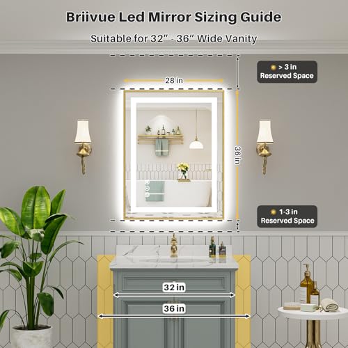 Image of 28x36 Inch LED Bathroom Mirror with Gold Frame, Backlit & Front Lit, Anti-Fog Lighted Bathroom Vanity Mirror for Wall, Memory Function, Dimmable, HD Tempered Glass, Shatter-Proof