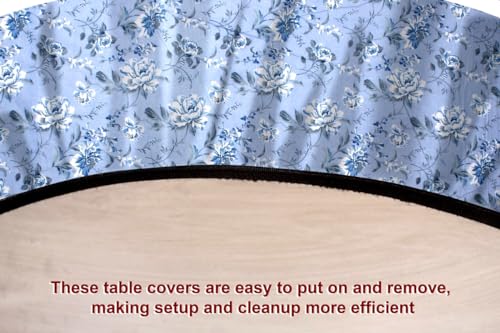 Image of The Furnishing Tree Elastic Cotton Round Dining Table Cover 54x54 in Inches Floral White Rose on Blue Base