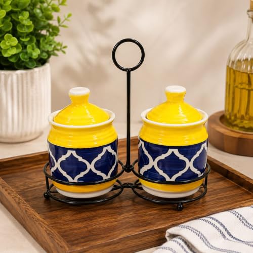 Image of Niyara Multipurpose Storage Ceramic Pickle set Jars & with Lid & tray (Set of 2, 300 ML) (YELLOW MORROCCAN)