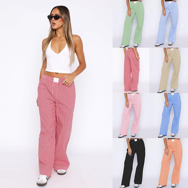heyheyshine Y2K Women Straight Wide Leg Pants Striped Print Trousers Low Waist Striped Elastic Waisted Y2K Lounge Pants2