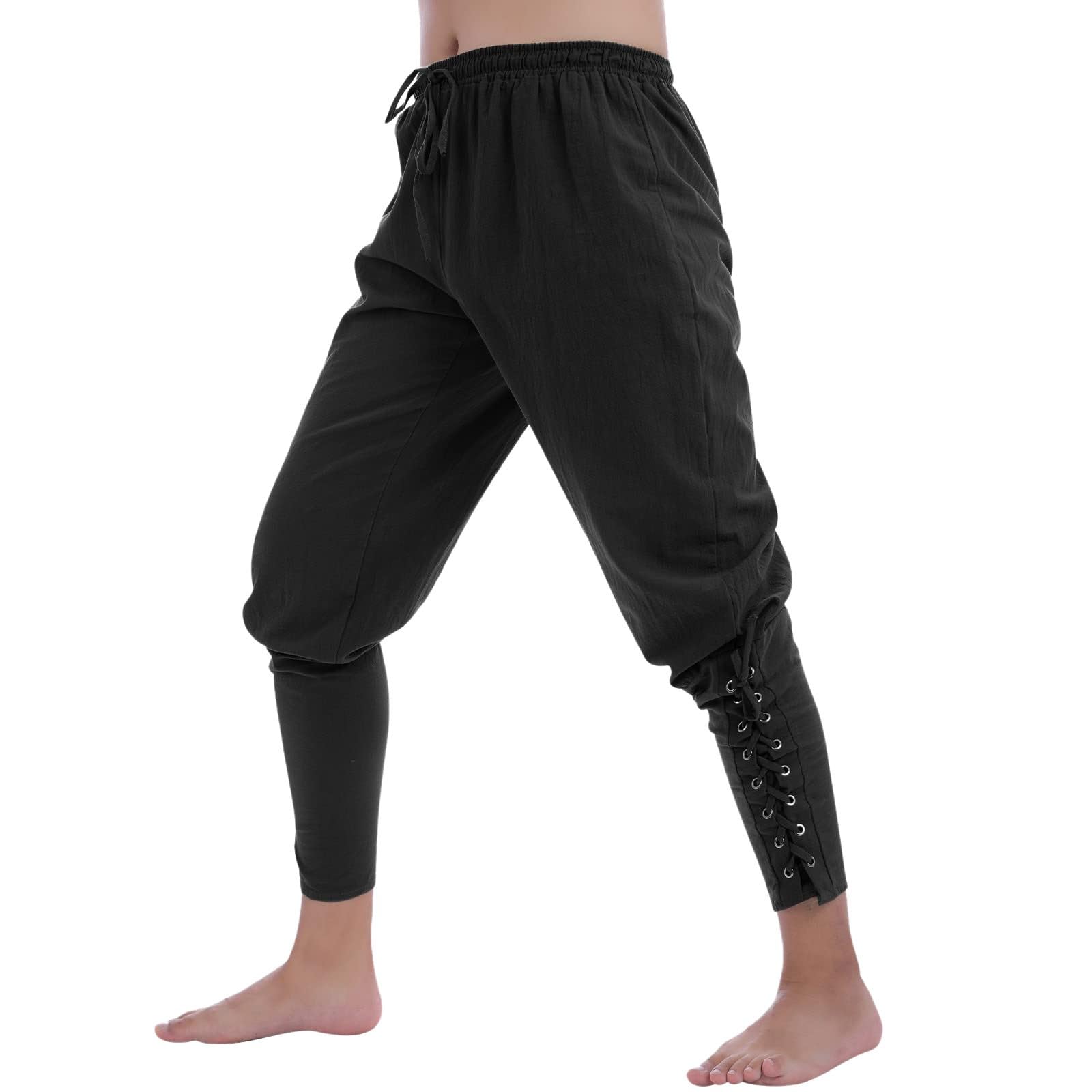Generisch Men's Medieval Trousers Vintage Renaissance Viking Pirate Trousers Plain Baggy Leisure Trousers Cosplay Carnival Costume Gothic Steampunk Victorian Halloween Costume, O Black, L