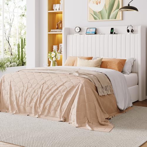 Image of Allewie Full Size Lift Up Storage Bed Frame,Storage Shelf Headboard with Charging Station,Type-C and USB Ports,Hydraulic Support,Velvet Upholstered Bed Frame,No Box Spring Needed,White