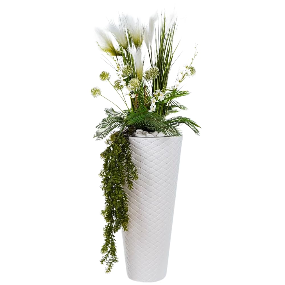 Pampasgras Federgras Zwiebelgras Kunstpflanze im Topf Deko Zier Gras | Fake künstlich Grasbusch | für Büro Rezeption | Gesamthöhe 140cm sehr groß wie echt (Topf weiß Geflecht mit Efeu (KT05))