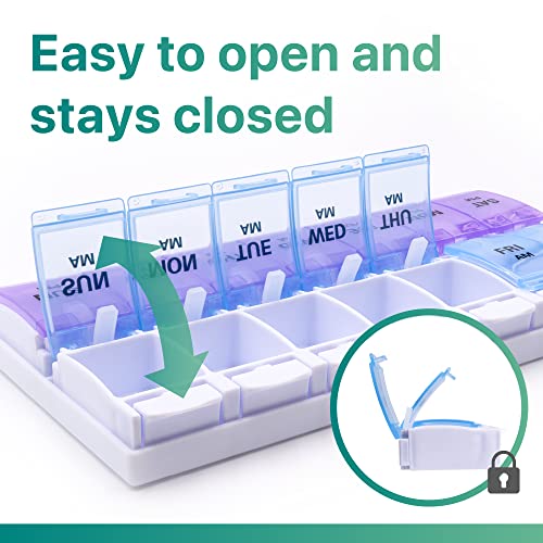 Image of Sukuos AM PM Weekly 7 Day Pill Organizer, 2 Times A Day Pill Box with Arthritis Friendly Push Button, Medicine Cases for Vitamin /Fish Oil /Supplements, Easy to Clean (Purple&Blue)