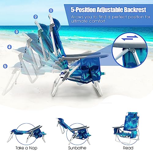Image of Tangkula Backpack Beach Chair with Table, 5-Position Lay Flat Beach Chairs with Cooler Bag, 2 Cup Holders, Towel Bar, Lightweight Low Folding Beach Chair with Backpack Straps