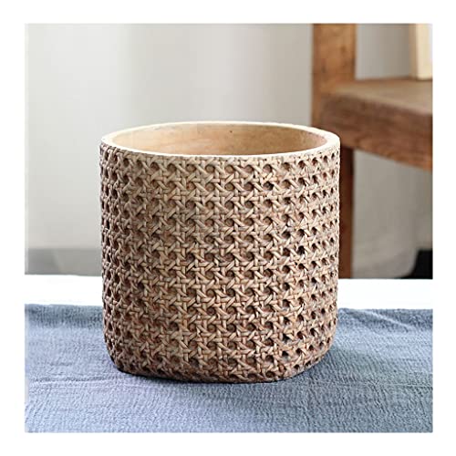 Maceta grande de cemento con desagüe para plantar en interiores y exteriores, diseño de cesta tejida de imitación, ideal para plantas y flores