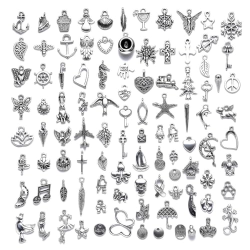 ZAMXHUG Charms Anhänger zum Schmuck - 100 pcs Metall Gemischte Charms zum Basteln，Armbänd Ketten Ohrringe Selber Machen, Gemischte Vintage Aesthetic Accessoires Halskette...