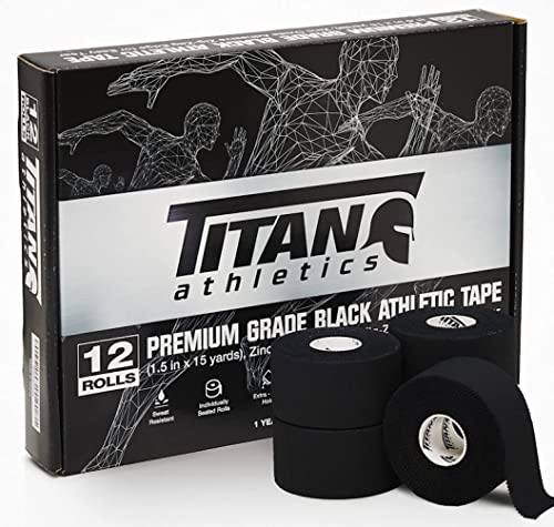 Titan Athletics - 12 Pack - Premium Quality Black Athletic Tape/Sports Tape - 1 1/2 Inch X 45 Feet Per Roll - 100 Percent Cotton With Zinc Oxide - Easy Tear Zig Zag Design. #TOP1