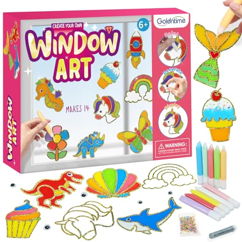 goldentime Create Your Own Fun Window Art Kit for Kids Ages 6+ Including 14 DIY Suncatchers with 10 Paints Glitter & Googly Eyes Perfect Kids Window Painting Craft Kit for DIY Window Art