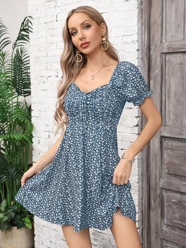 Image of Missufe Women's Puff Short Sleeve Drawstring Ruched Front Fit and Flare Floral Summer Casual Short Dress