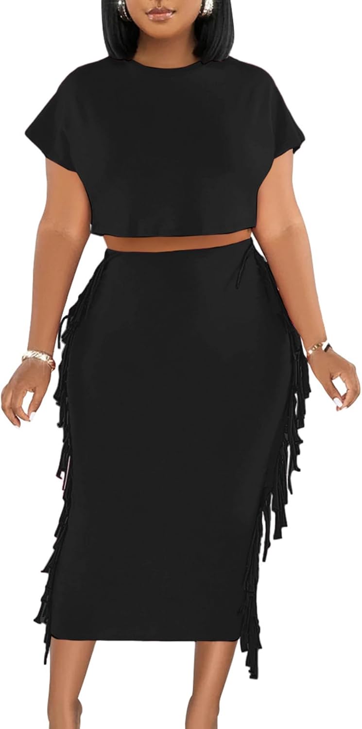 LYANER Women's 2 Piece Outfits Crew Neck Fringe Short Sleeve Crop Top and Tassel Trim Bodycon Midi Skirt Set