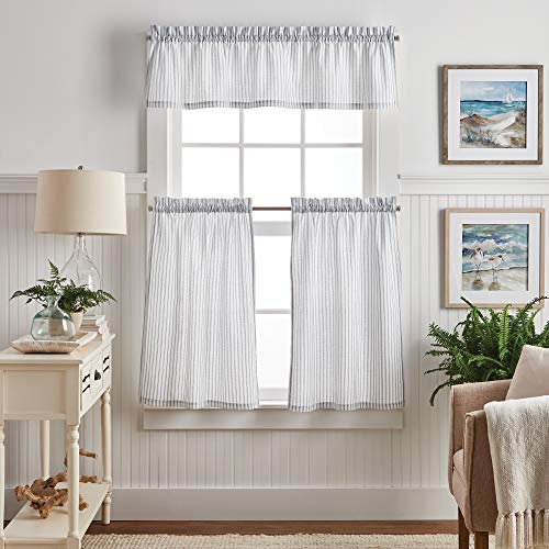 Martha Stewart Ticking Stripe 3-Piece Window Curtain Valance and Tiers Set, White Indigo